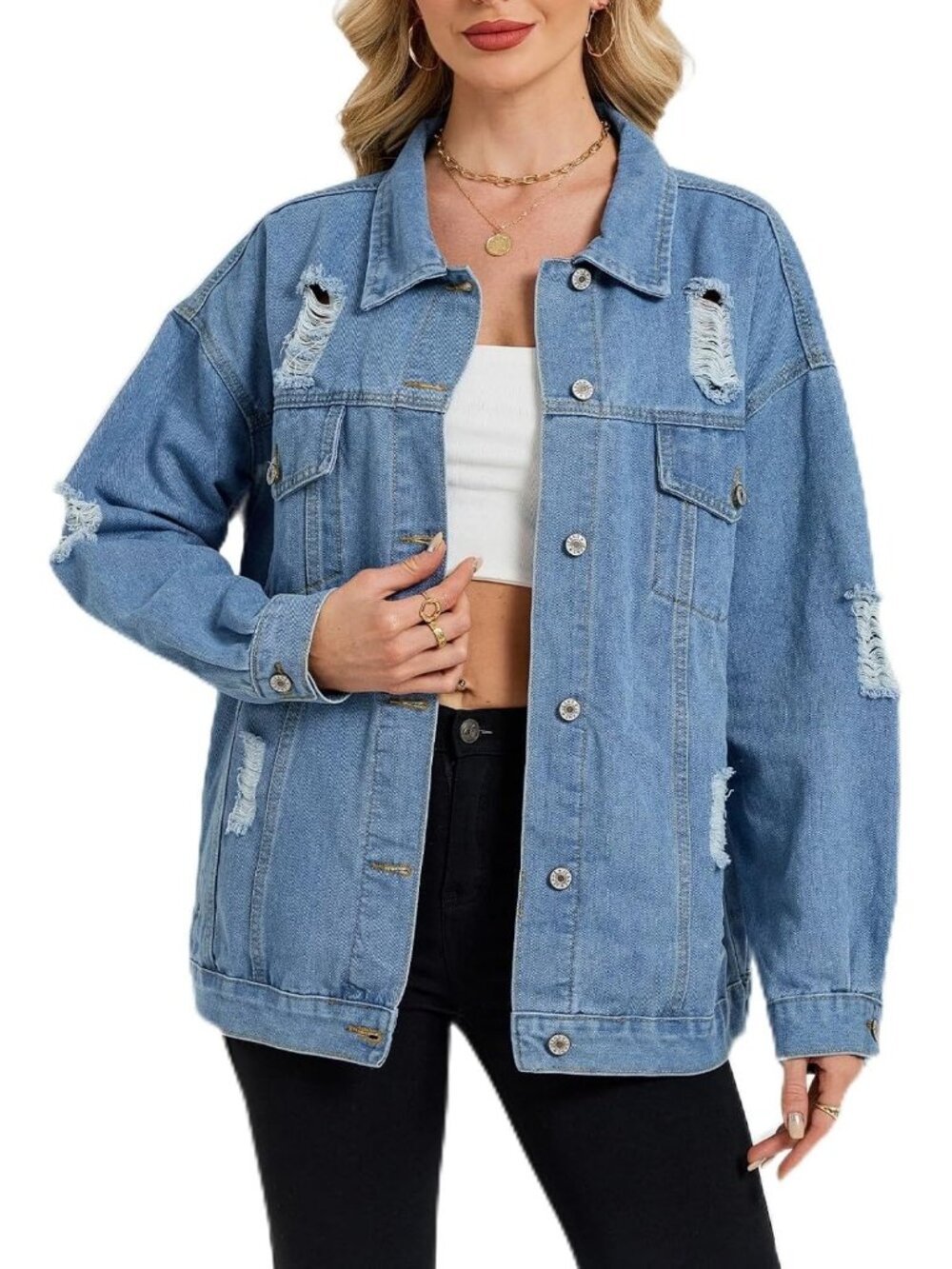 〽️Women's Blue Light Wash Oversized Distressed Denim Boyfriend Fit Jean Jacket